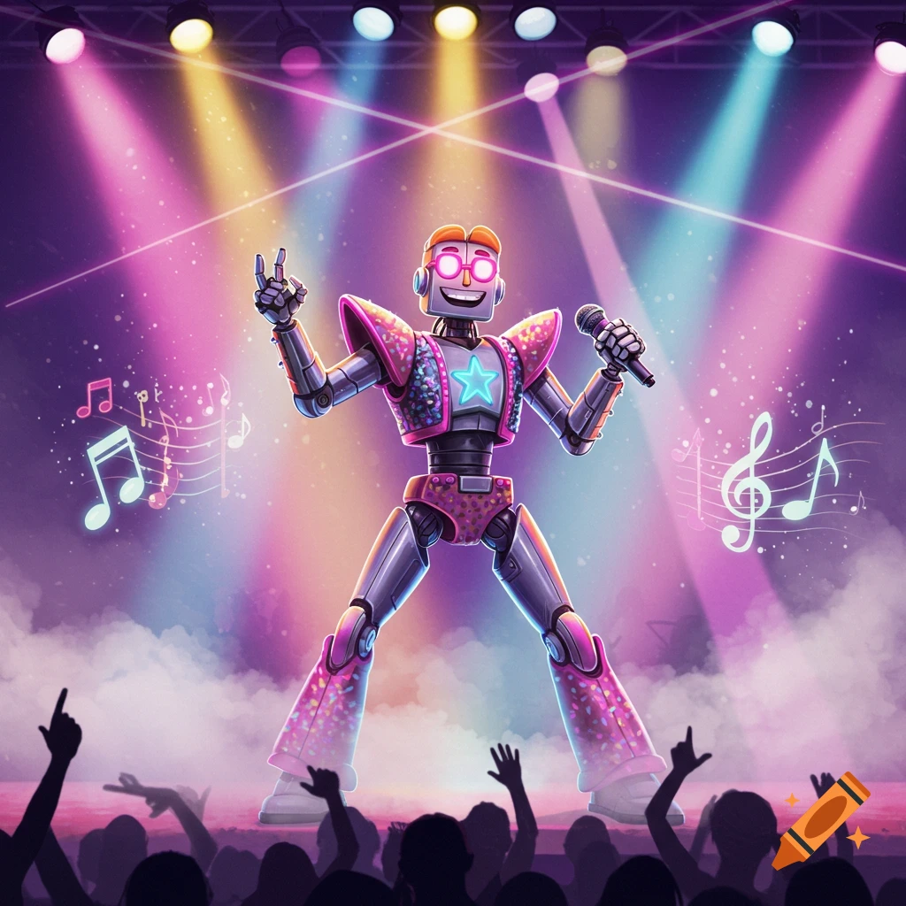 A colorful robot pop star performs on stage under vibrant spotlights, holding a microphone, with a cheering crowd below.