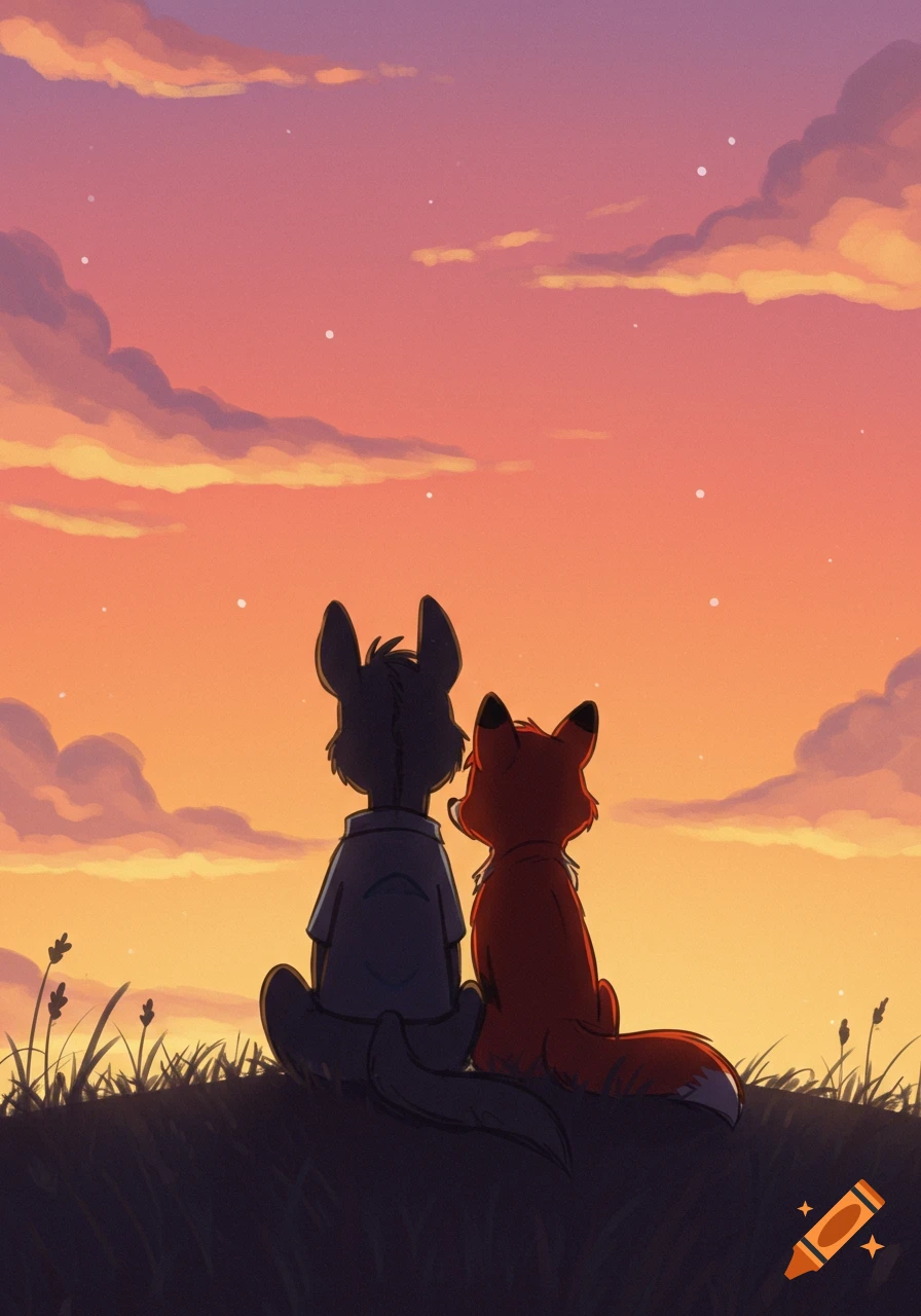 A silhouette of an anthropomorphic donkey and fox sitting on a hill, looking at a vibrant orange and pink sunset sky. 2D drawing style.
