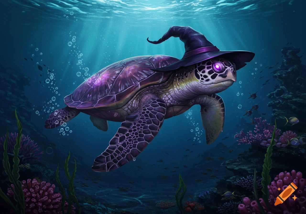 A majestic purple and black sea turtle with glowing purple eyes and a witch hat swims through a vibrant coral reef.