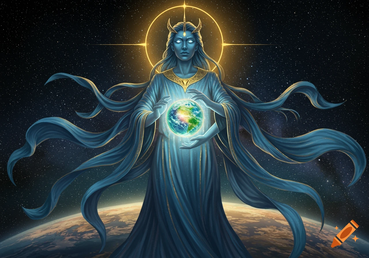 A blue-skinned goddess with glowing eyes and horns holds a radiant Earth in her hands, against a starry space background with a golden halo.