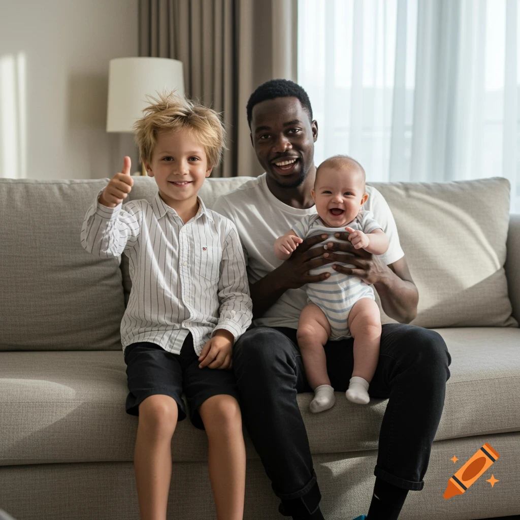 A smiling Black man sits on a couch holding a happy infant, next to a smiling blonde boy giving a thumbs-up.