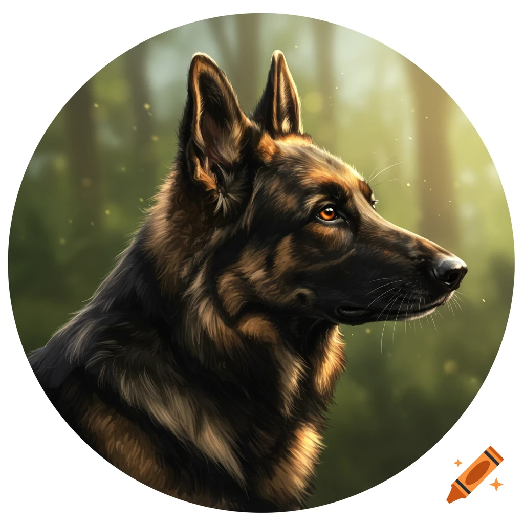 A detailed portrait of a sable German Shepherd dog, looking right, set within a circular frame with a blurred forest background.