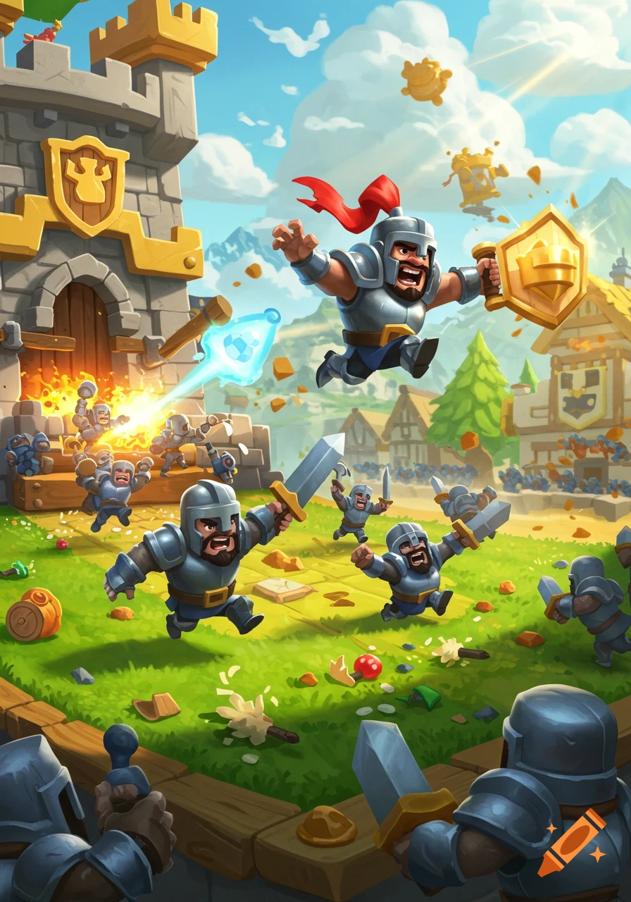 Cartoon knights battling outside a stone castle, one knight leaping with a shield, others running with swords, in a vibrant fantasy setting.
