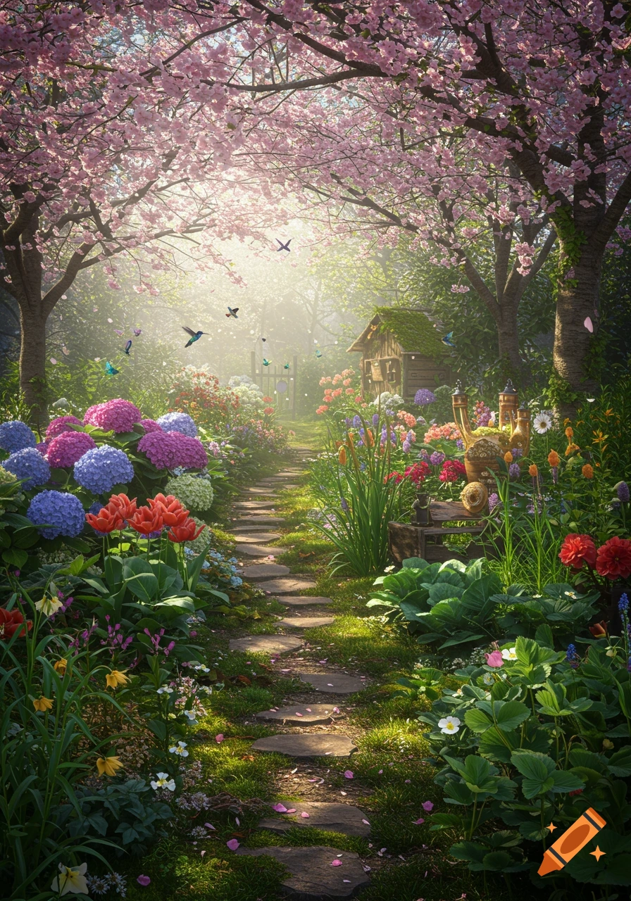 A magical garden path, vibrant with colorful flowers, cherry blossom trees, and hummingbirds under sun-dappled light, leading to a small hut.