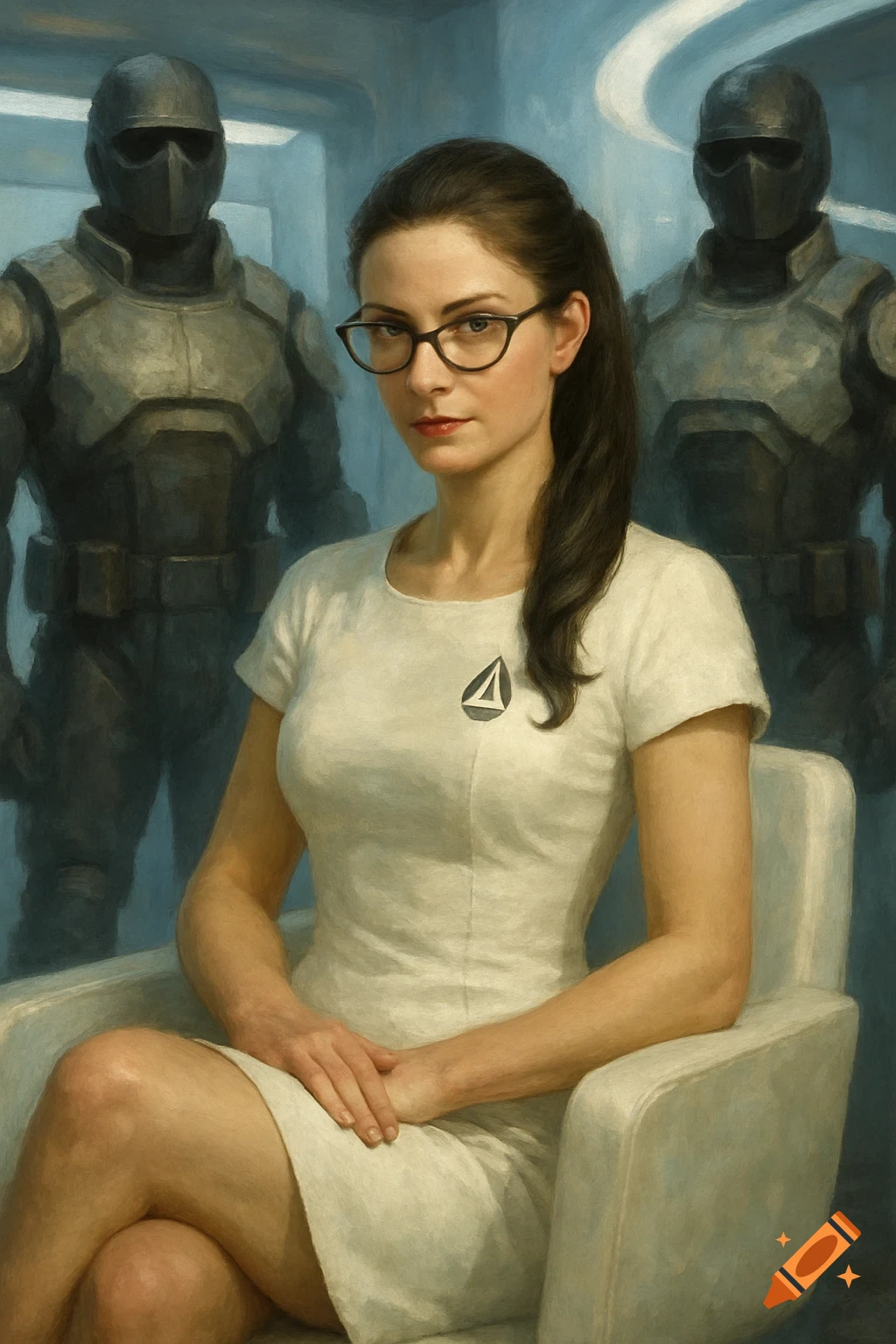 Oil painting of Nora from Fallout 4 in a white dress with black-rimmed glasses, seated between two armored Institute Courser bodyguards.