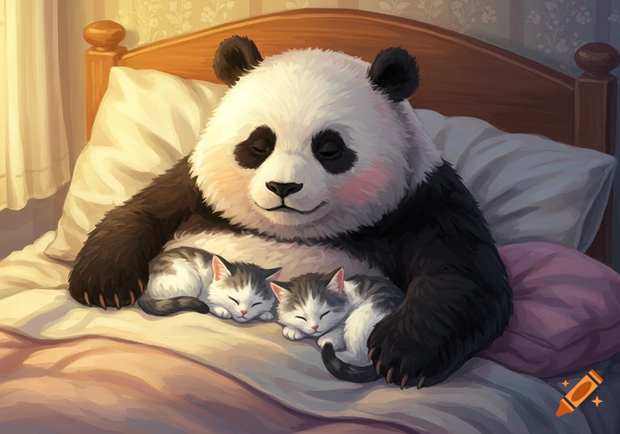 An adorable illustrated panda bear sleeps peacefully in a cozy bed, cuddling two small tabby kittens.