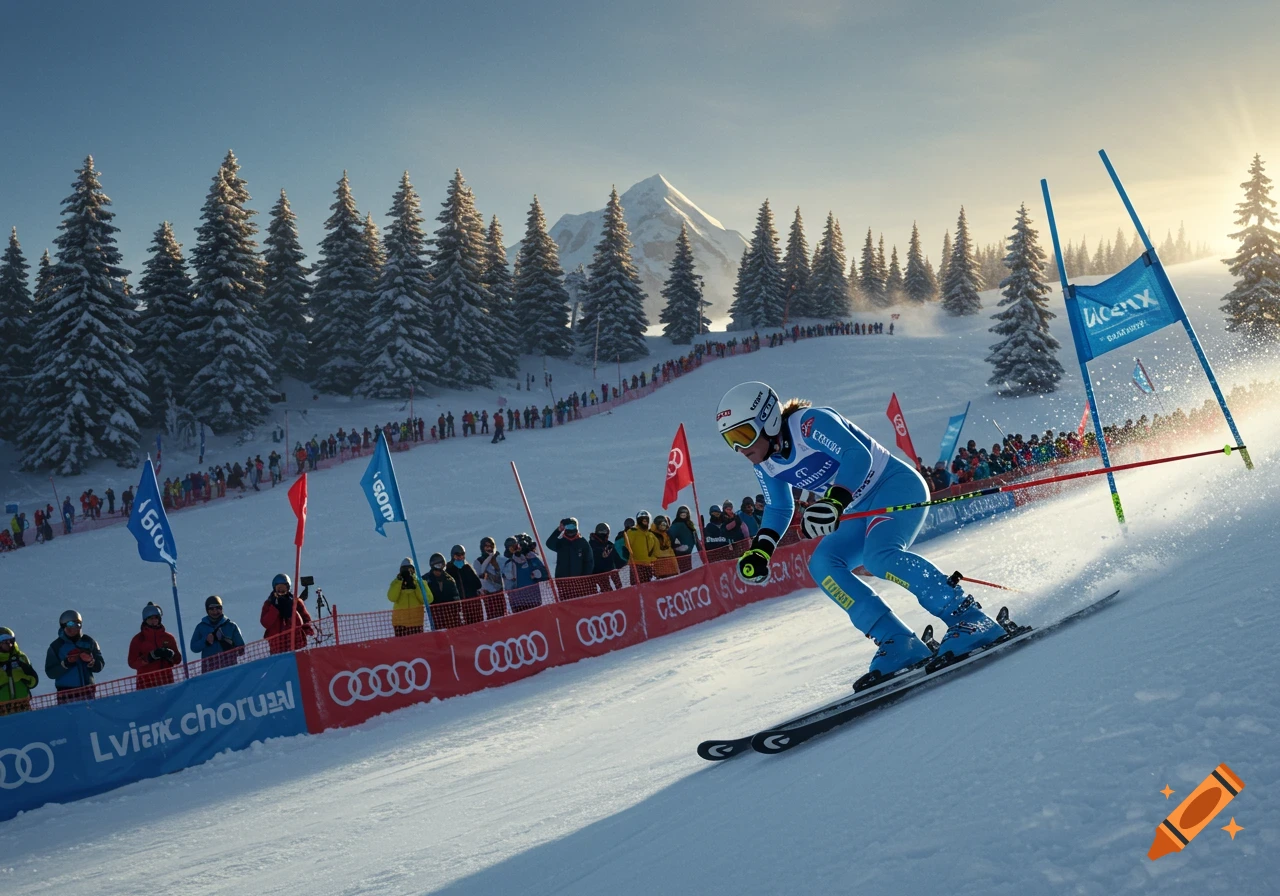 A photorealistic image of a skier in a blue suit racing down a snowy mountain slope with spectators and pine trees.