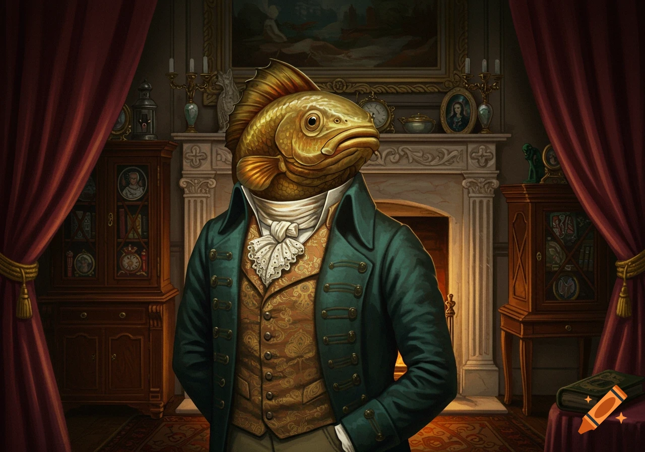An anthropomorphic golden fish in a teal Victorian coat and gold vest stands in a luxurious room.