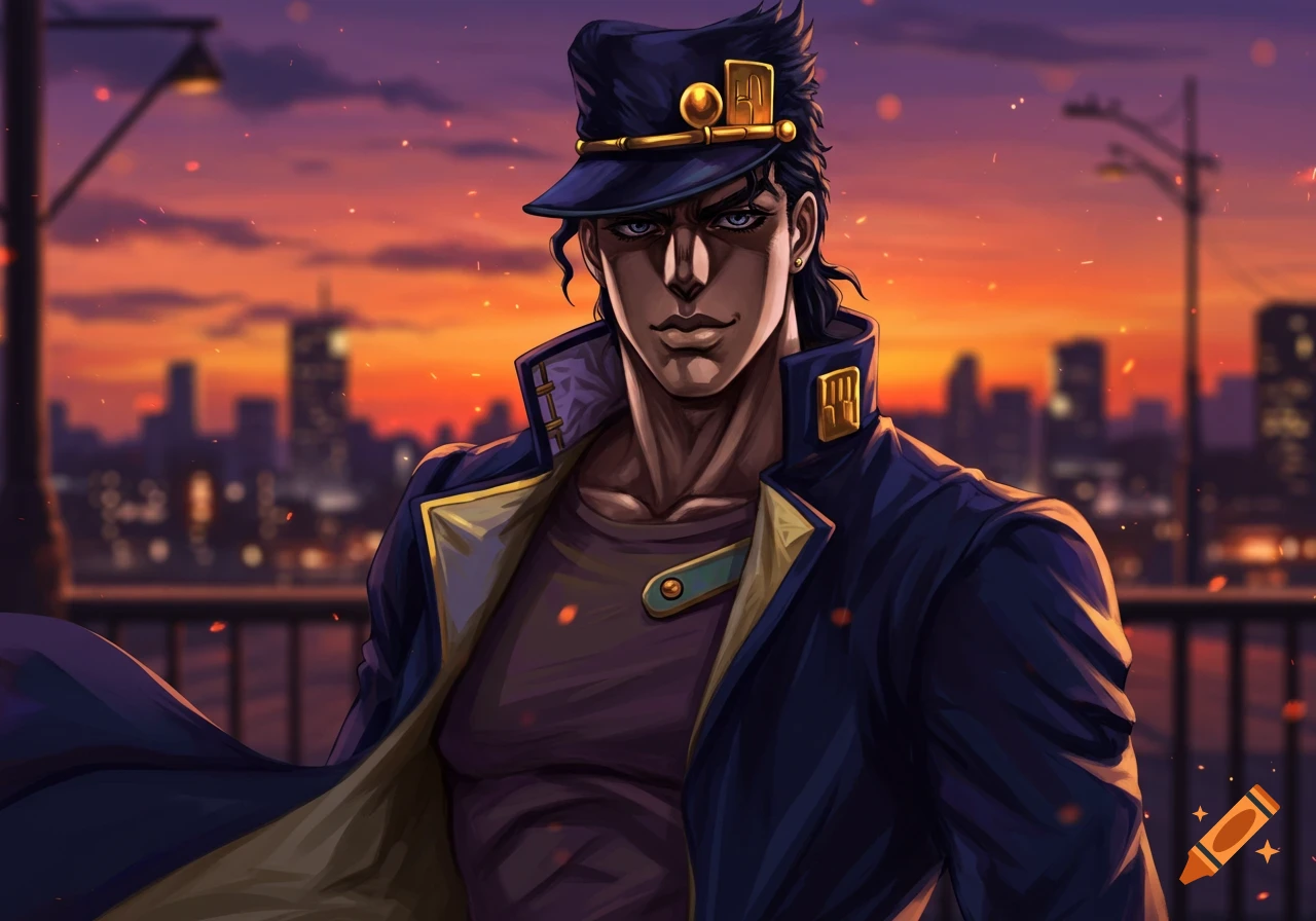 Anime-style portrait of Jotaro Kujo in his dark coat and hat, with a serious expression, against a city skyline at sunset.