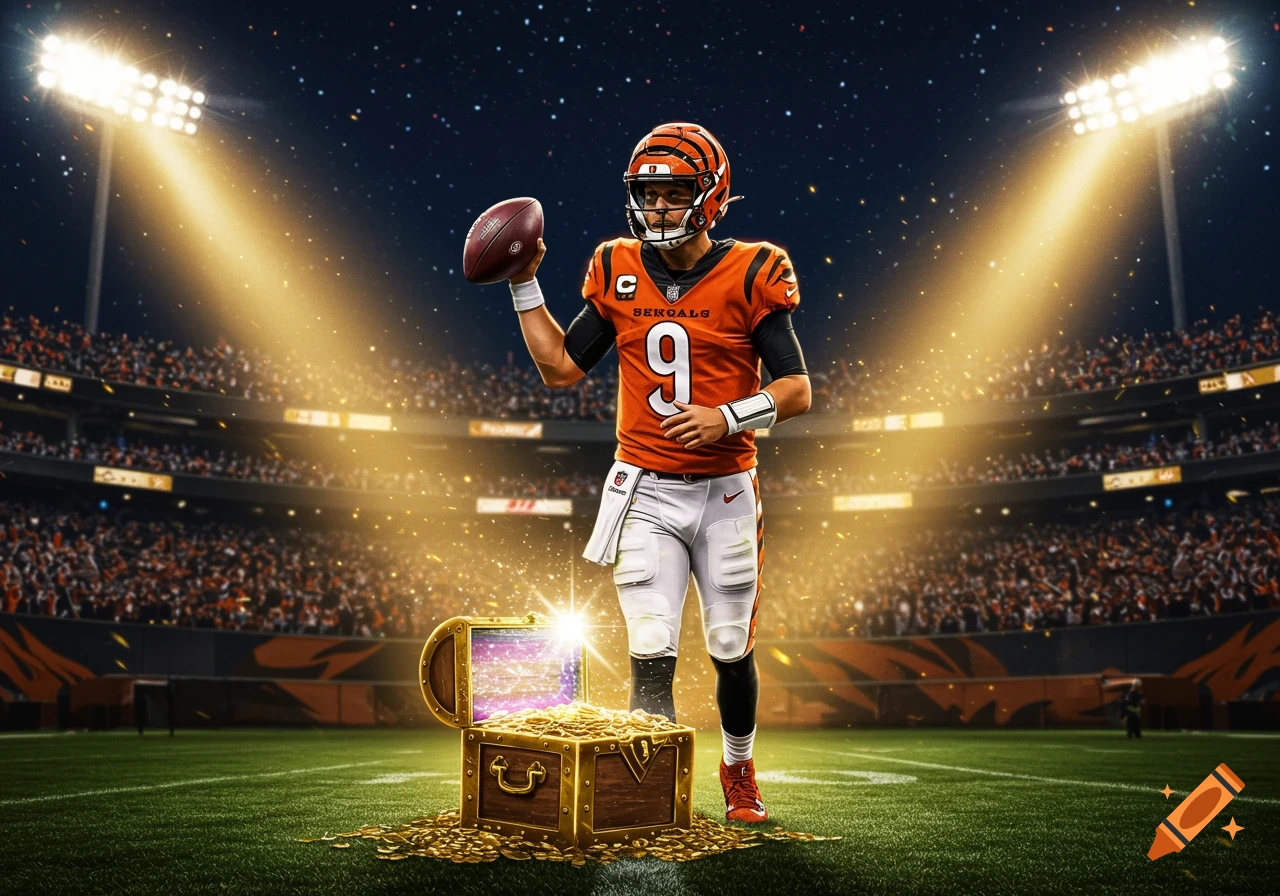 Photorealistic image of a football player in a Bengals jersey (number 9), holding a football on a field next to a glowing treasure chest.