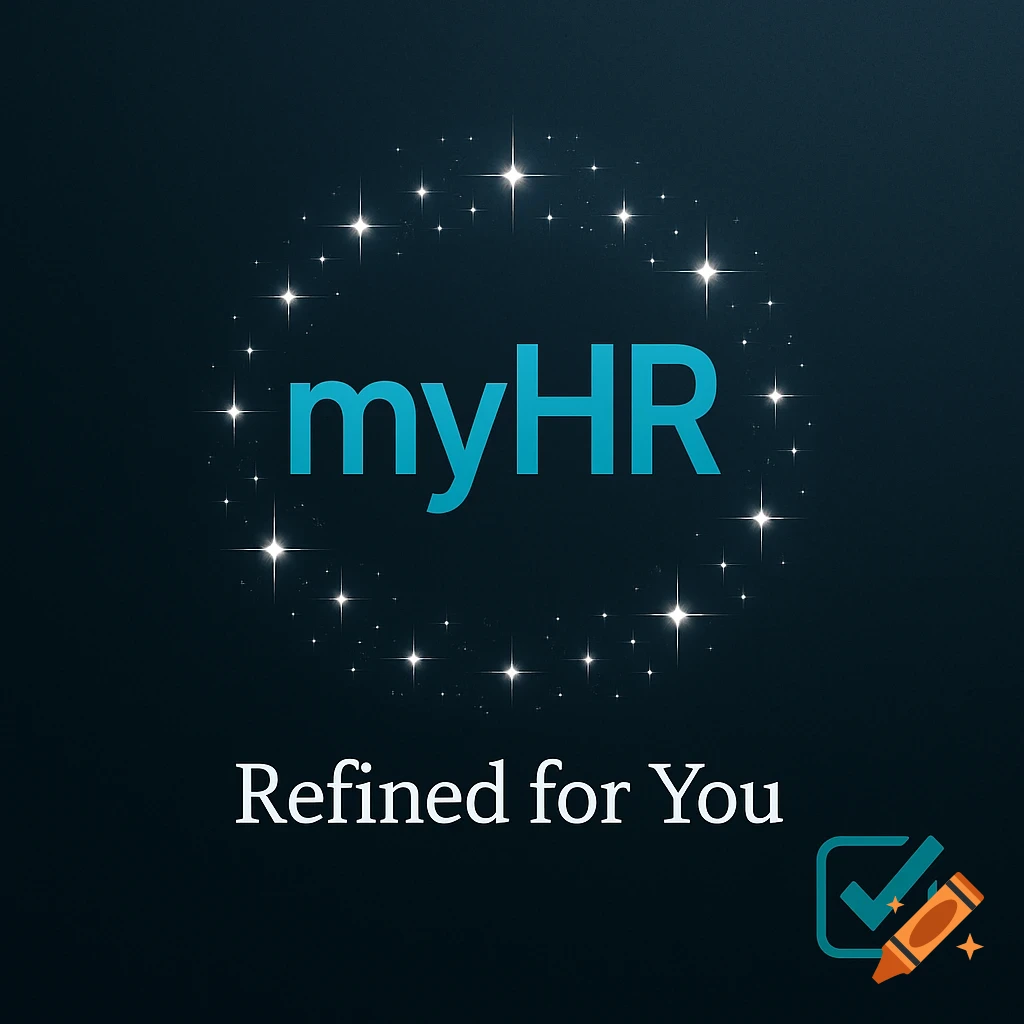 Blue myHR logo with sparkles, 'Refined for You' tagline, and a checkmark icon on a dark background.