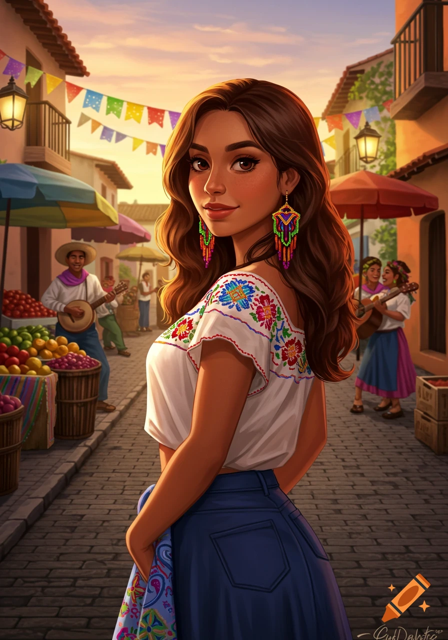 Vibrant digital illustration of a young woman with dark hair and embroidered blouse in a bustling street market at sunset.