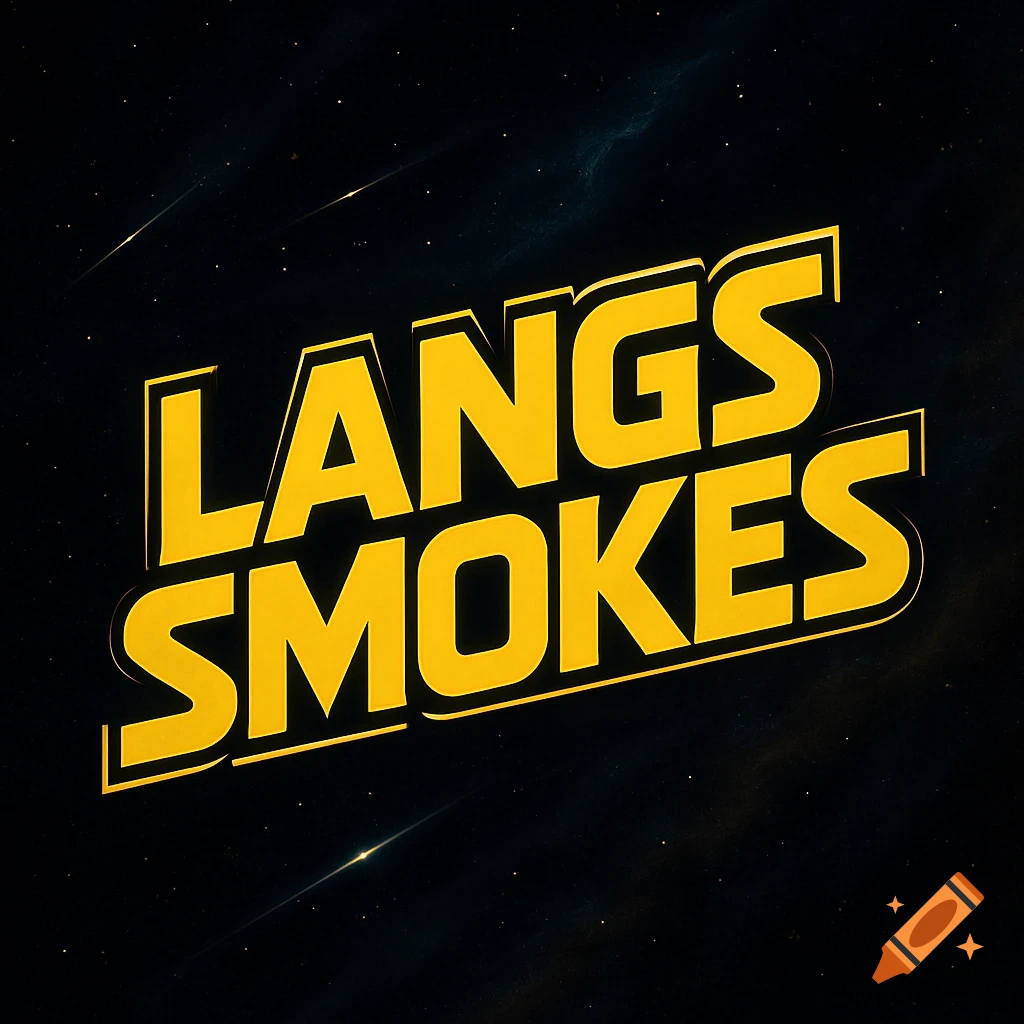 Yellow 'Langs Smokes' logo in Star Wars style against a starry space background with shooting stars.