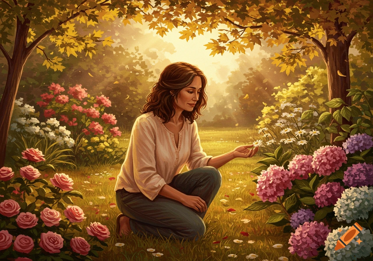 A brunette woman kneels, gently touching white flowers in a lush, sunlit garden filled with pink, purple, and red flowers, in a painterly style.