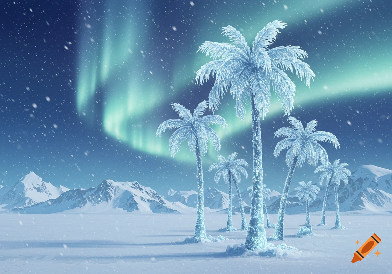 Frozen palm trees stand in a snowy Antarctic landscape under a vivid aurora borealis, with snow-capped mountains in the background.