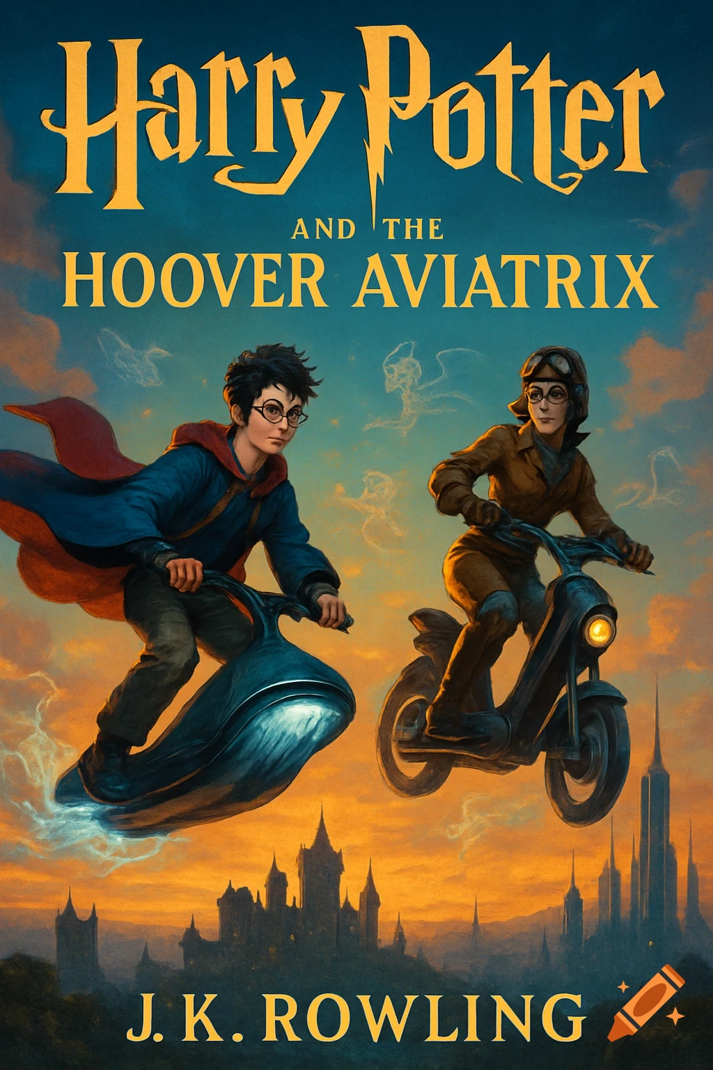 Illustrated book cover 'Harry Potter and the Hoover Aviatrix' with Harry Potter and another character flying futuristic vehicles over a city at sunset.