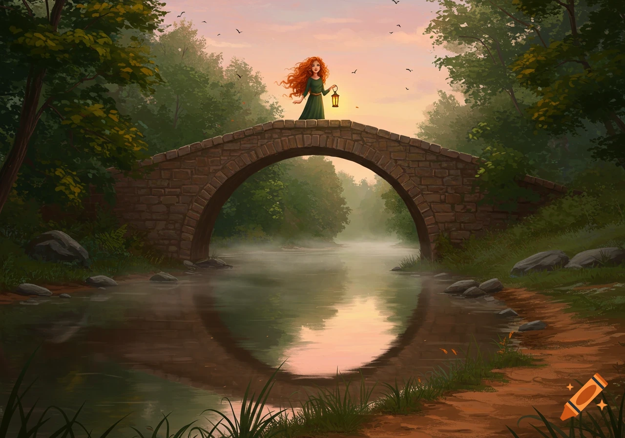 Illustration of a red-haired girl with a lantern on a stone bridge over a misty river in a forest at sunset.