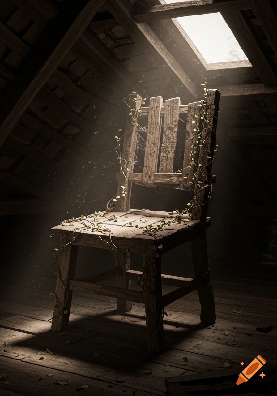 A beam of light illuminates an old, vine-covered wooden chair with cobwebs in a dusty attic, creating a moody atmosphere.