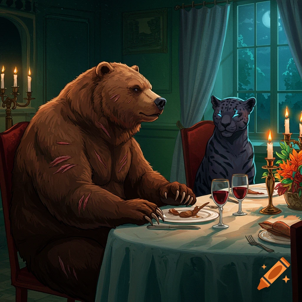 A scarred brown bear and a black jaguar with glowing blue eyes sit at a candlelit dinner table in an atmospheric illustration.