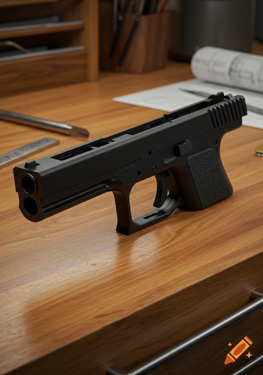 A black firearm receiver, partially disassembled, rests on a wooden desk next to engineering drawings and tools. Photorealistic 3D render.
