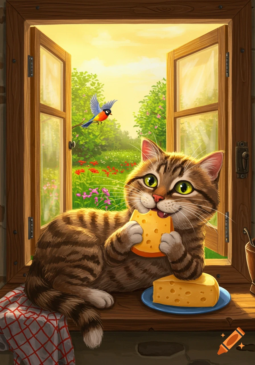 A happy cartoon tabby cat eats a slice of cheese on a windowsill, looking at a flying bird in a sunny garden.