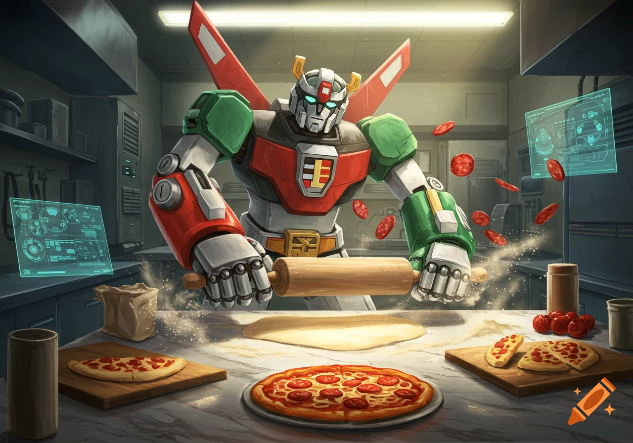 Voltron, the giant robot, uses a rolling pin to flatten pizza dough on a kitchen counter, with pizzas and pepperoni flying around.