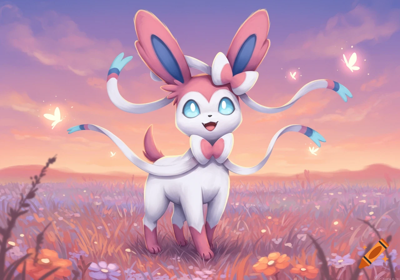 A cute pink and white Sylveon, a Pokémon, stands in a field of colorful wildflowers under a purple and orange sunset sky, with glowing butterflies.