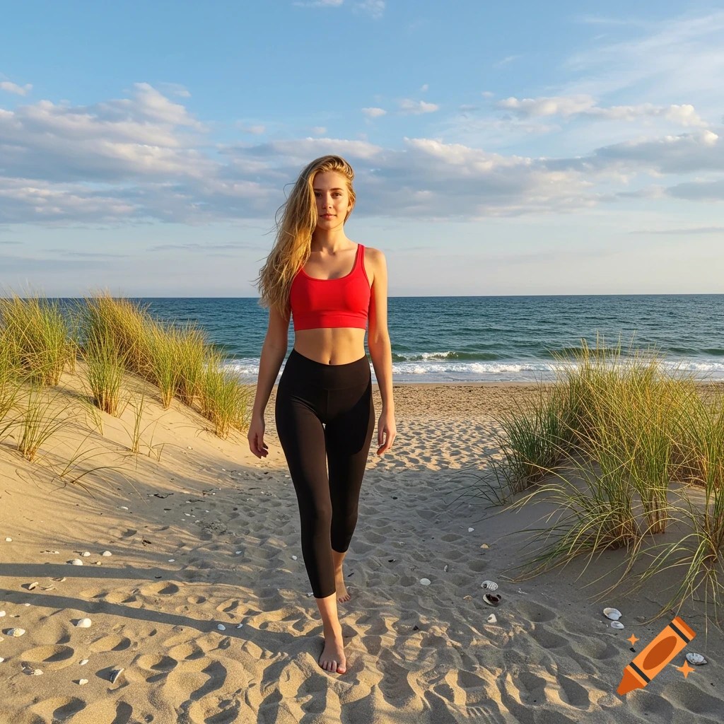 A blonde woman walks barefoot on a sandy beach, wearing a red crop top and black leggings, with the ocean and dunes behind her.