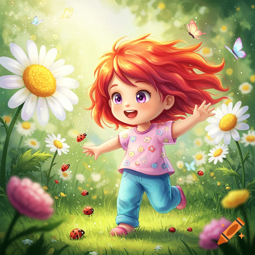 A cheerful, red-haired anime girl in a pink shirt and blue trousers runs happily through a sunny field of white daisies, ladybugs, and butterflies.