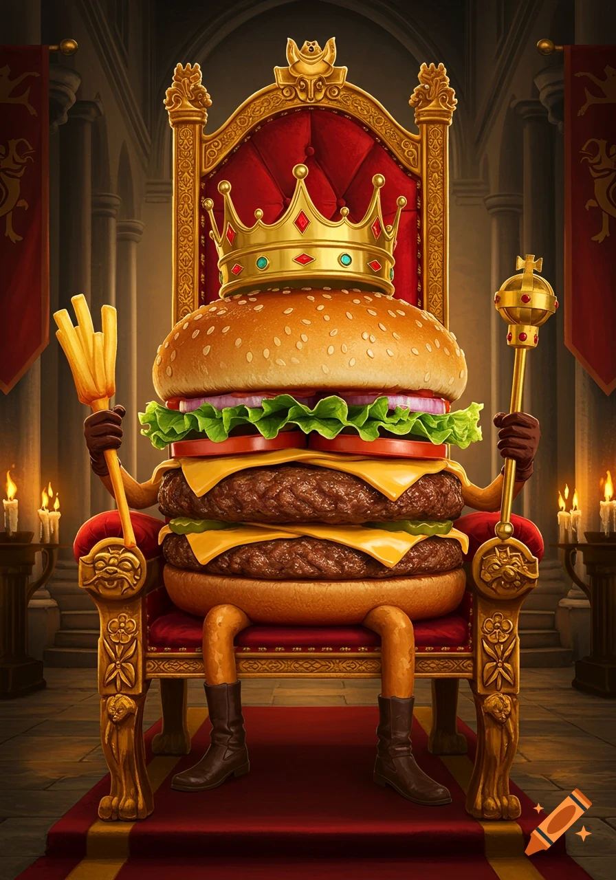A cartoonish burger king wearing a golden crown sits on an ornate red and gold throne, holding a staff made of french fries.