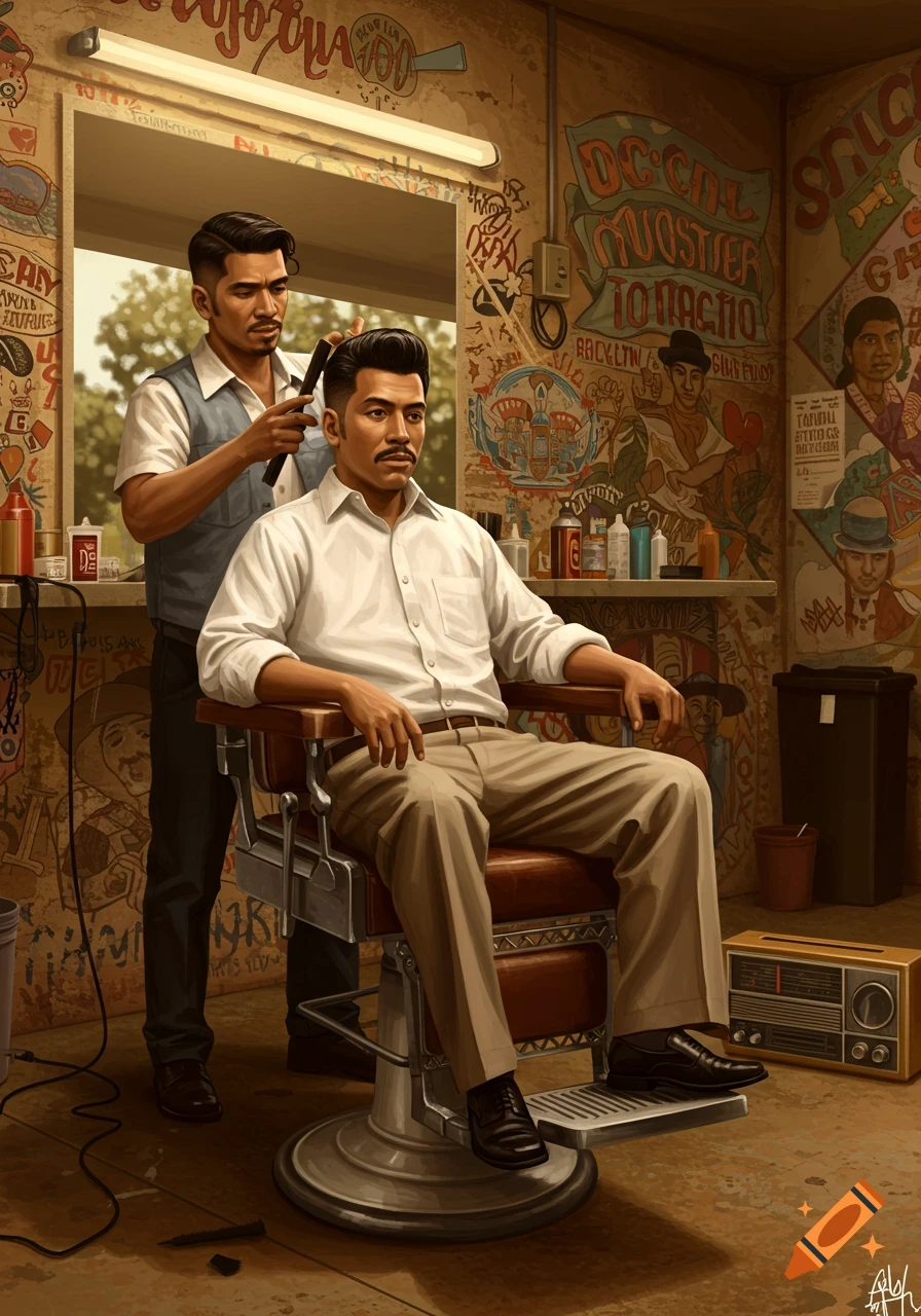 A man with a pompadour haircut sits in a barber's chair while a barber cuts his hair in a stylized barbershop.