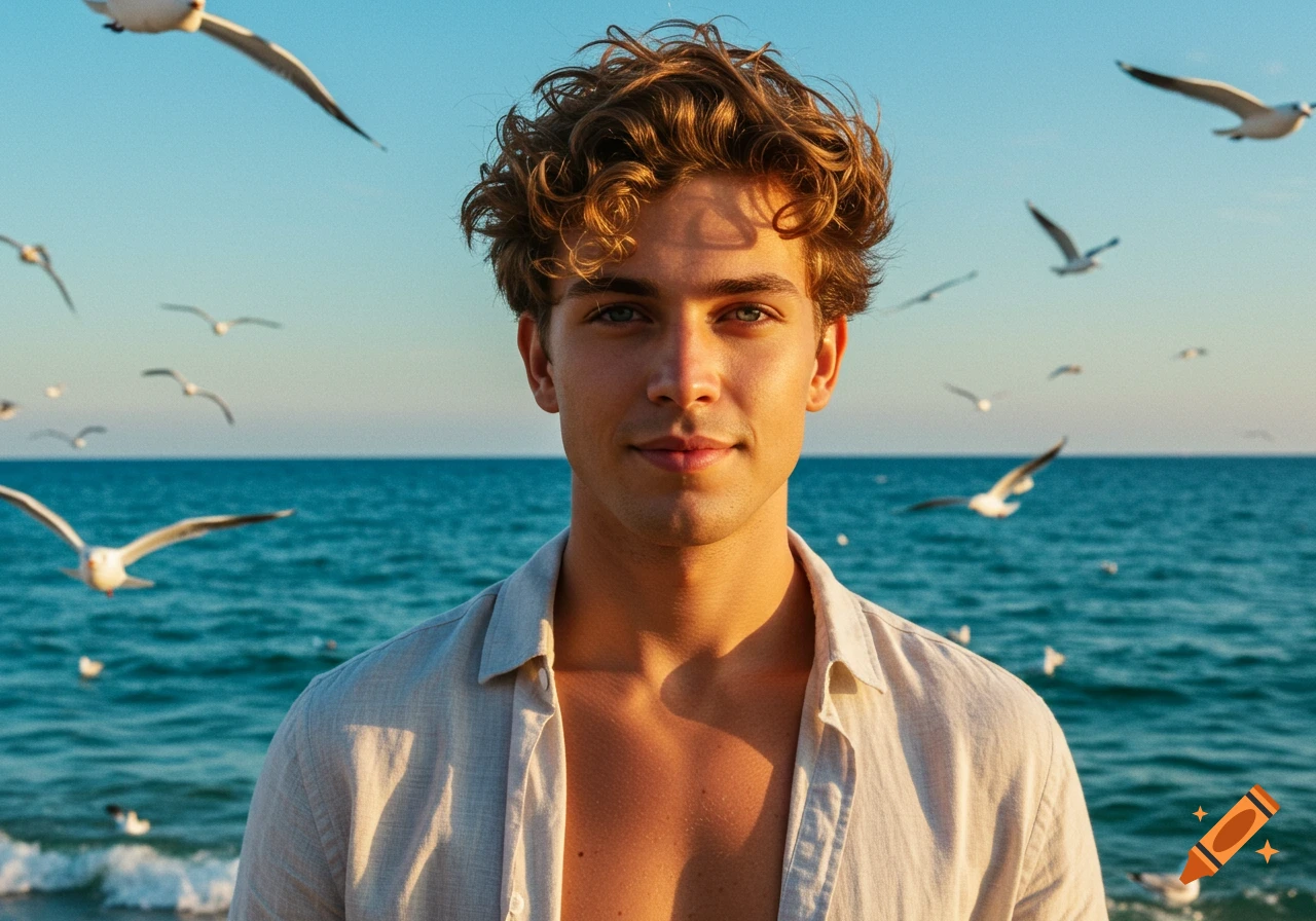 Photorealistic portrait of a young man with curly hair in an open shirt, standing by a blue ocean with seagulls flying under a clear sky.