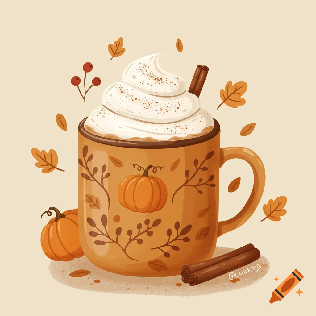 An autumnal illustration of a pumpkin spice latte topped with whipped cream and a cinnamon stick, surrounded by fall leaves and pumpkins.
