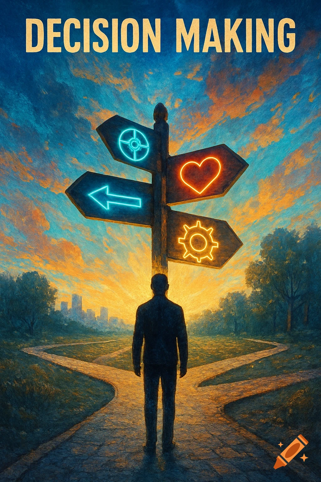 A man stands at a diverging path under glowing signposts with symbols representing choices, against a sunset sky. Title: DECISION MAKING.