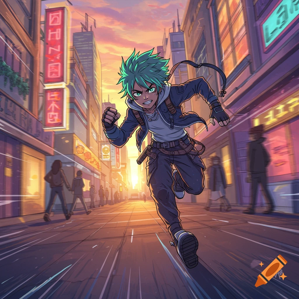 A dynamic manga-style character with green hair runs through a neon-lit city street at sunset, motion blurred.