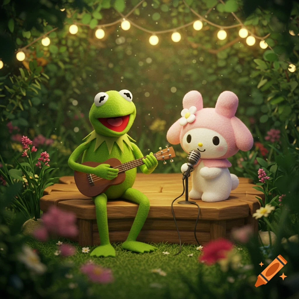 Kermit the Frog plays a ukulele next to My Melody singing into a microphone on a wooden stage in a whimsical, glowing garden.