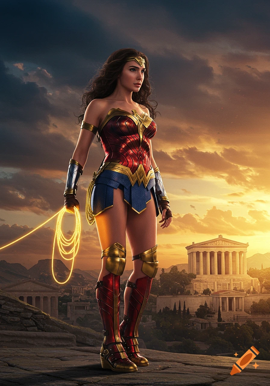 Wonder Woman, in full costume, stands on a rock holding her glowing lasso, with ancient Greek temples and a sunset sky in the background, photorealistic style.