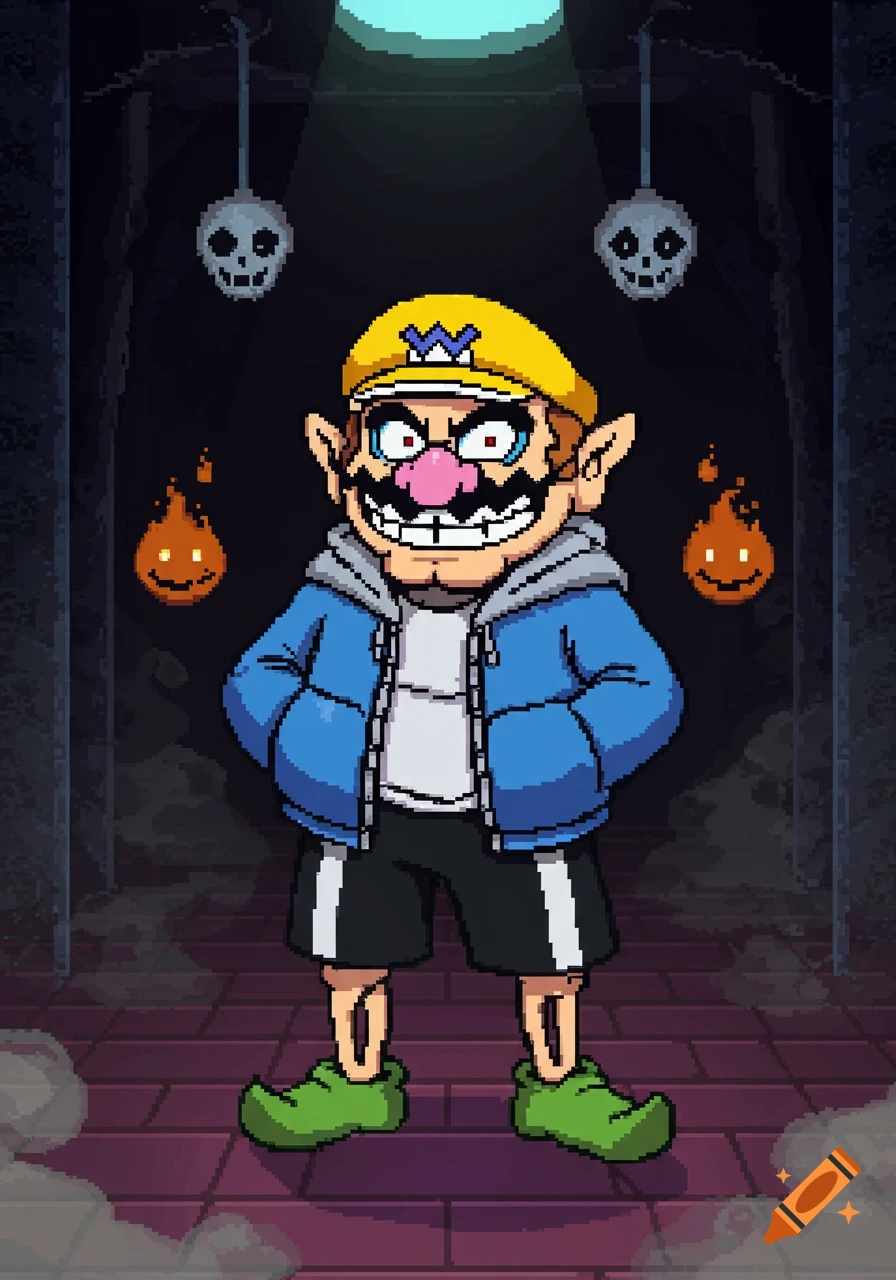 Pixel art of Wario dressed as Sans from Undertale, standing in a dark, dungeon-like setting with skulls and floating flames.
