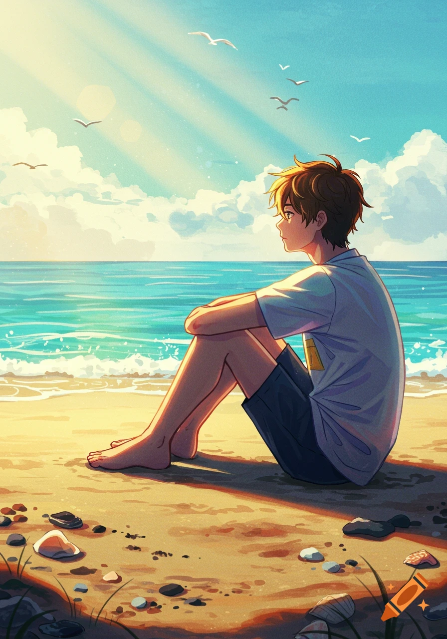 Anime boy sitting on a sunny beach, looking out at the turquoise ocean with seagulls flying above.