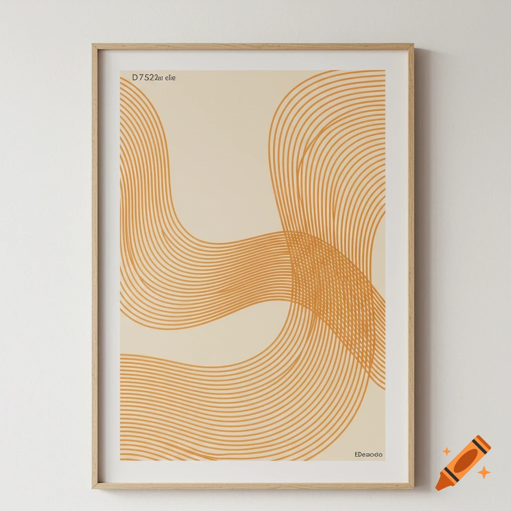 A framed piece of minimalist abstract art featuring flowing orange lines on a beige background.