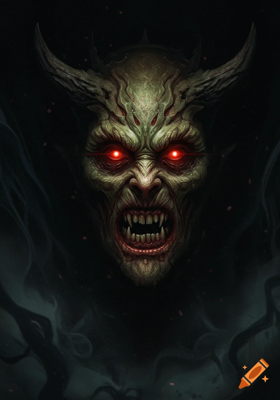 Grotesque monster face with glowing red eyes, sharp fangs, and horns, against a dark, smoky background.