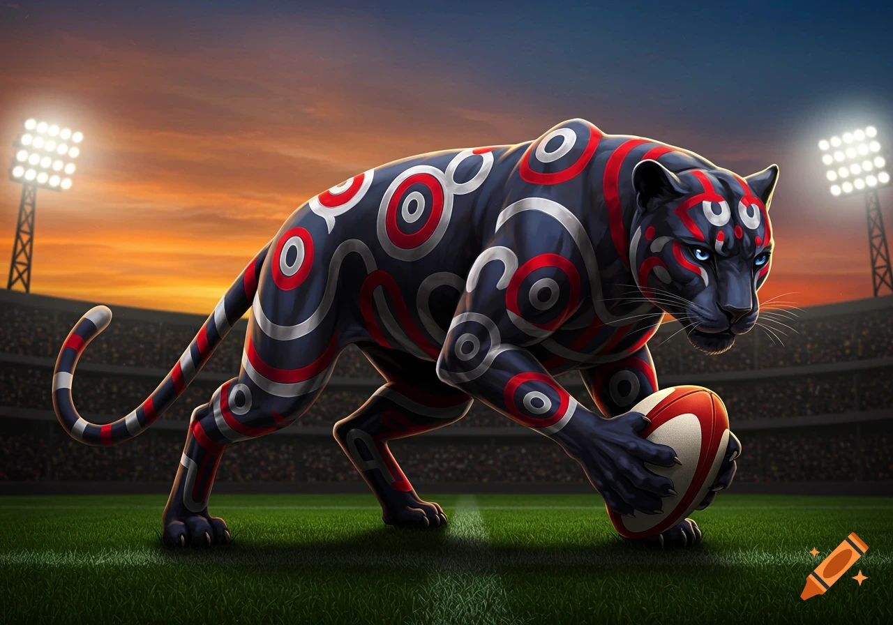 Illustration of a black panther with red and white patterns, holding a rugby ball on a grass field in a stadium at sunset.
