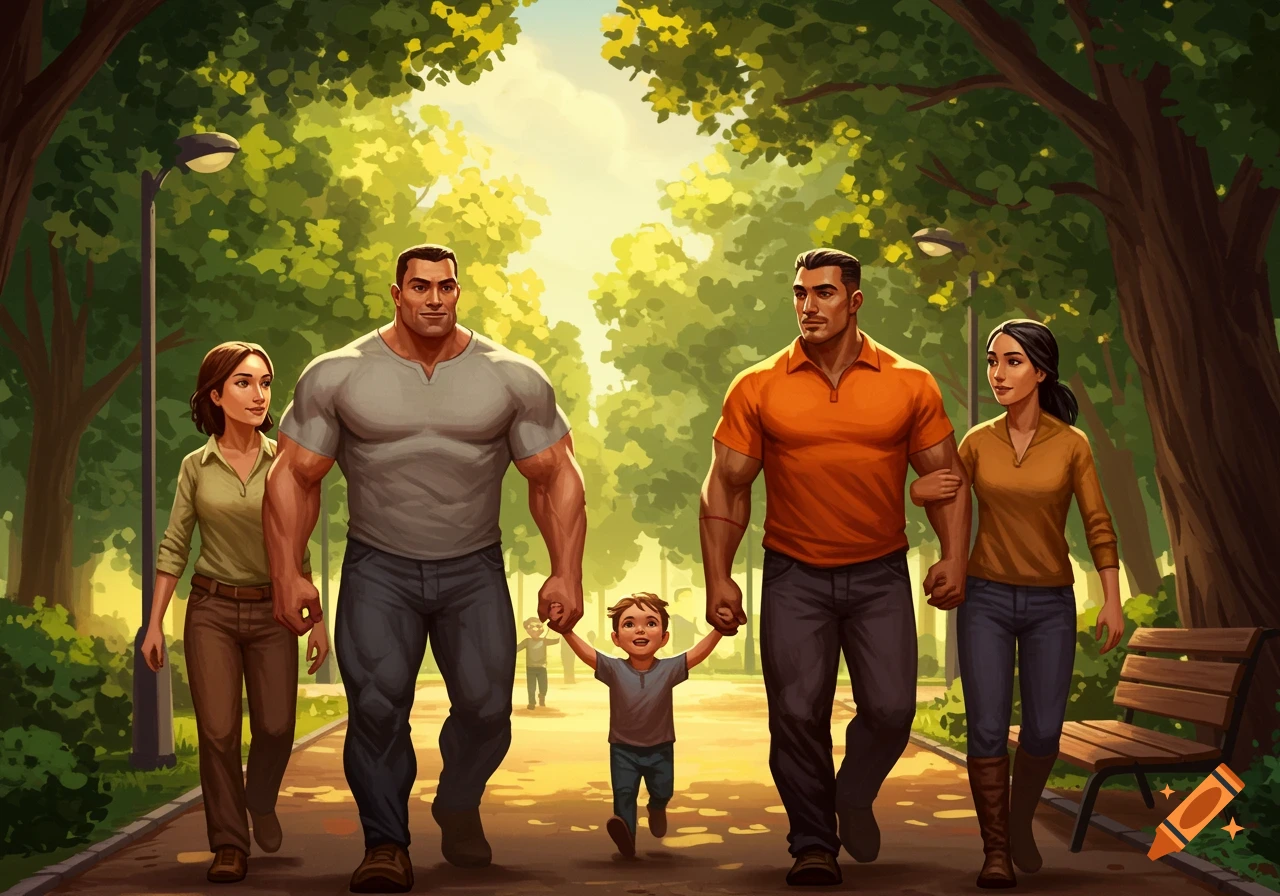 A cartoon family, including two muscular men, two women, and a child, walks hand-in-hand down a sunny path in a park with green trees.