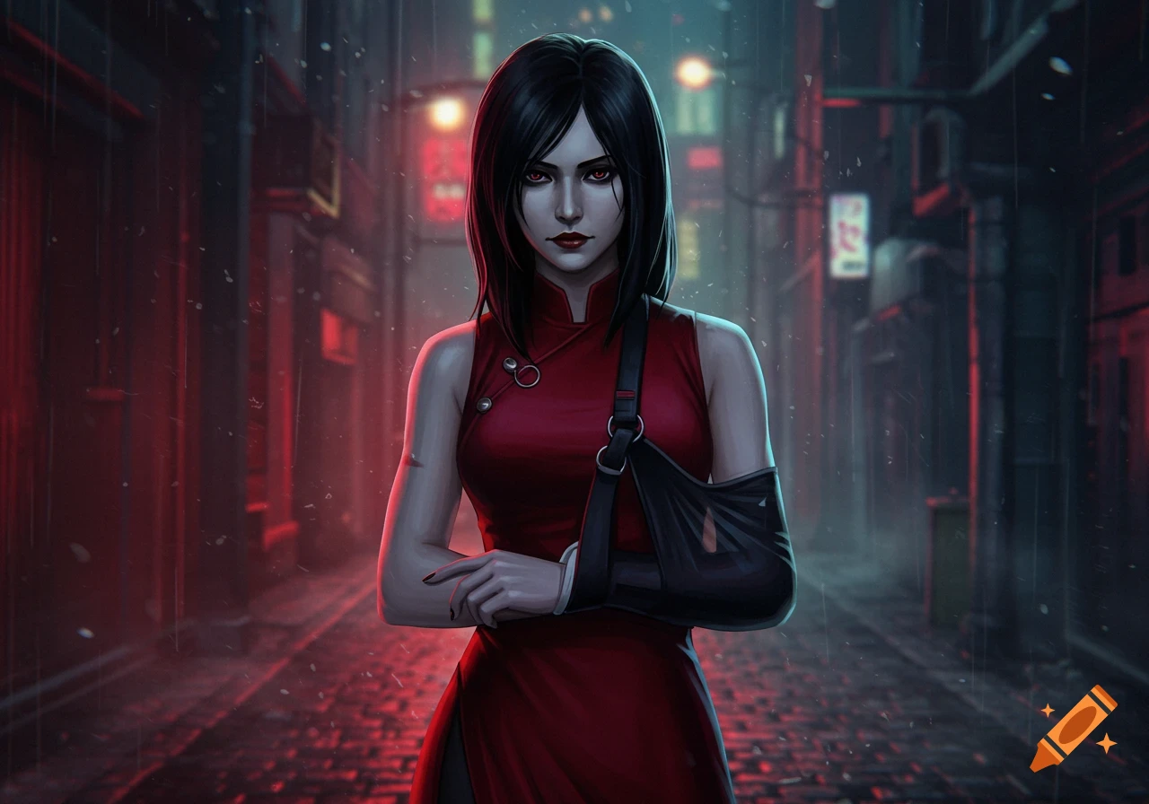 A dark-haired woman with red eyes and a red dress, arm in a sling, stands in a rainy, neon-lit alley in a stylized digital artwork.