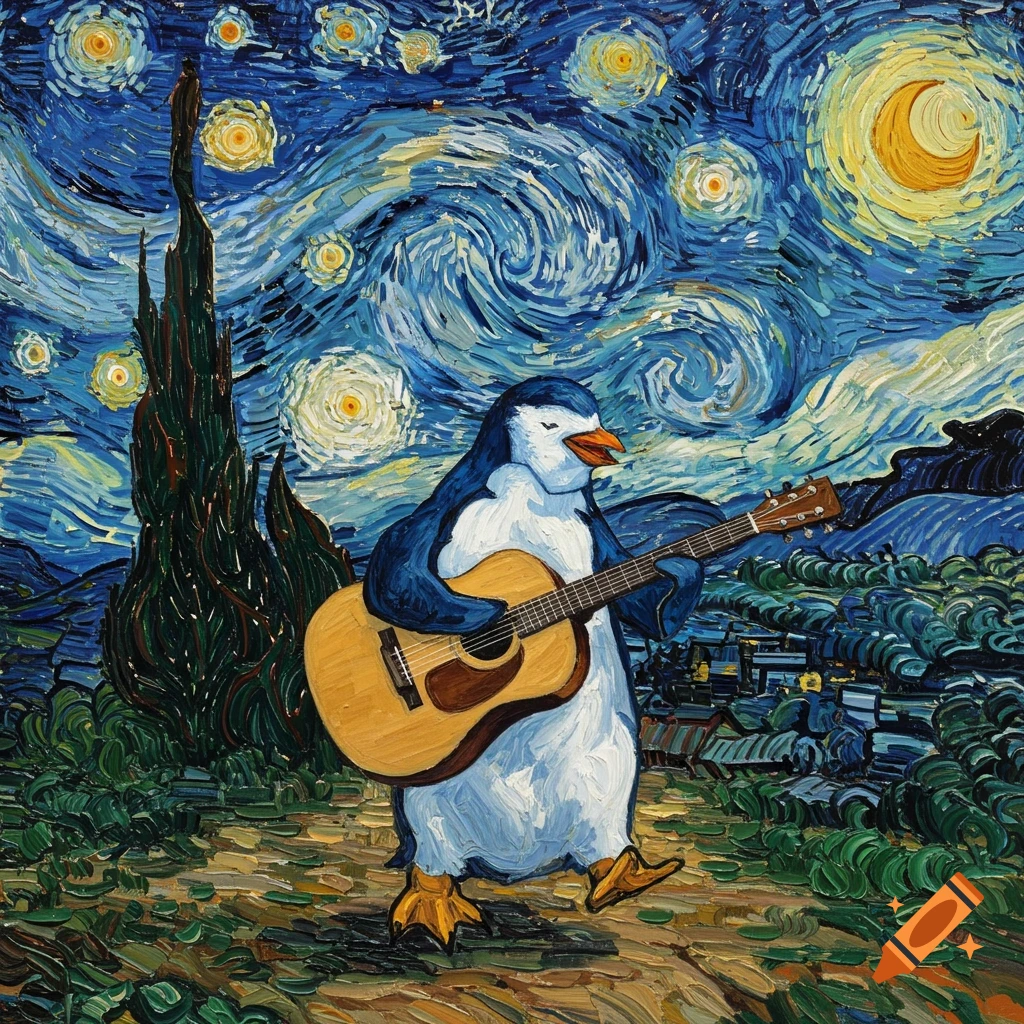 A penguin playing an acoustic guitar, depicted in the swirling, impressionistic style of Van Gogh's Starry Night.