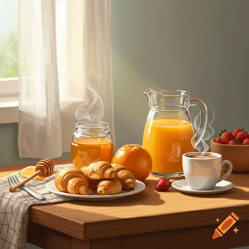 A still life of a sunlit breakfast spread with croissants, honey, orange juice, coffee, and strawberries on a wooden table.