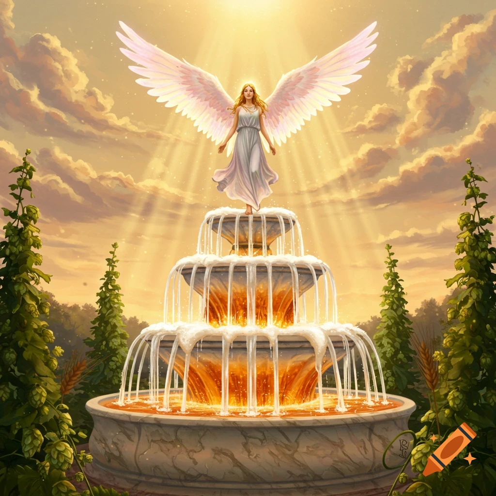 A blonde angel with large white wings stands on a three-tiered fountain flowing with golden liquid, under sun rays in a cloudy sky.