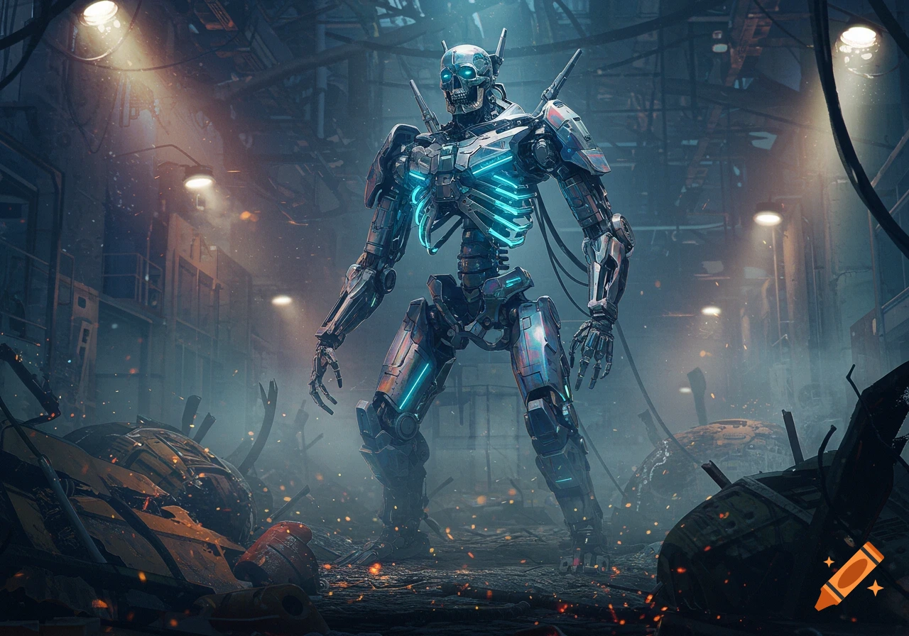 Photorealistic image of a glowing blue robot skeleton standing amidst industrial ruins, sparks flying in a misty, dimly lit environment.