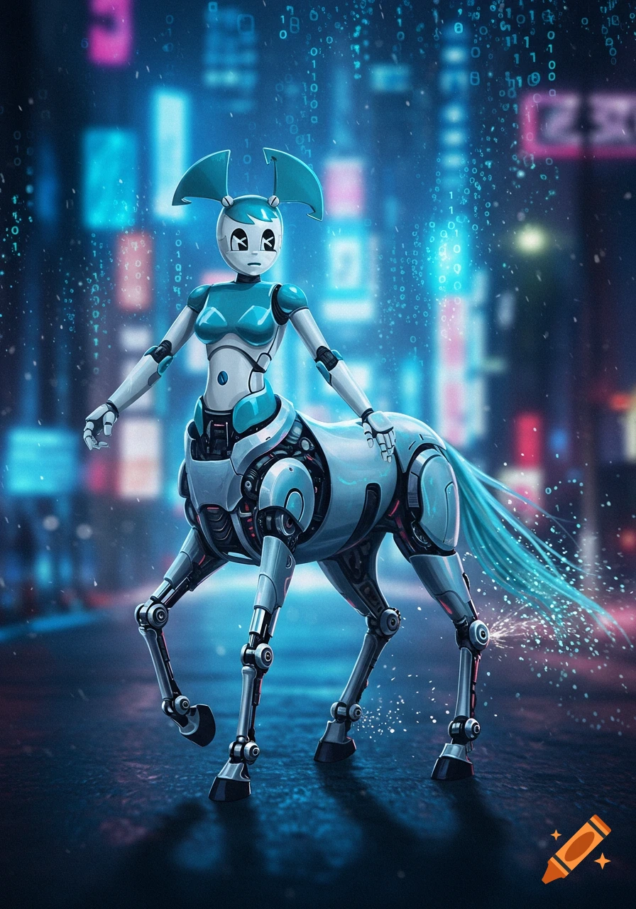 A detailed illustration of Jenny Wakeman, a white and teal robot, as a centaur in a futuristic city with falling binary code.