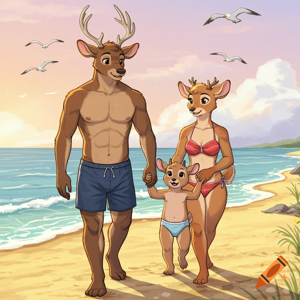 Cartoon anthropomorphic deer family, with parents and child, walking on a sandy beach at sunset.